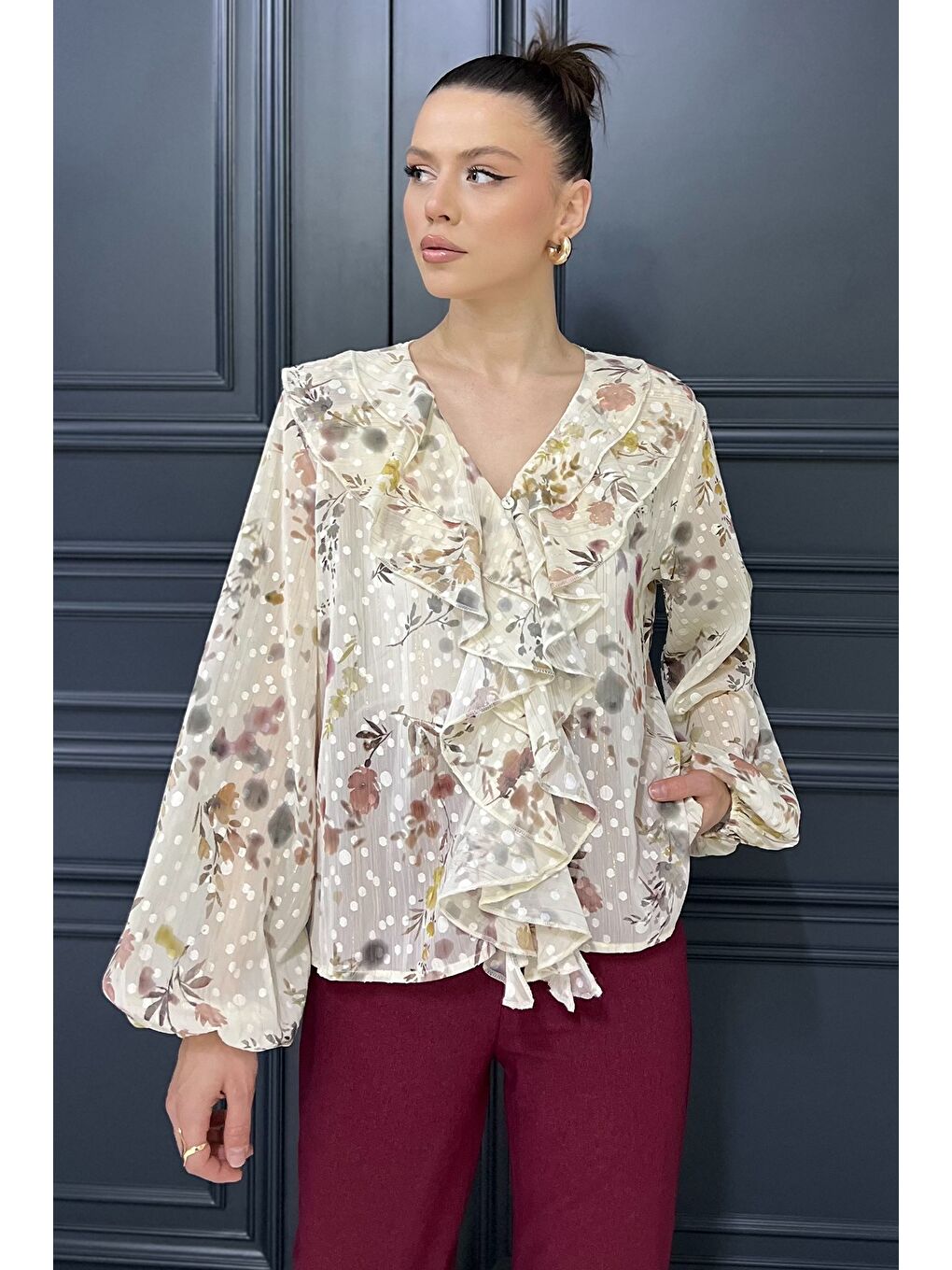 Bej Kadın İçlik Kombinli Şifon Bluz