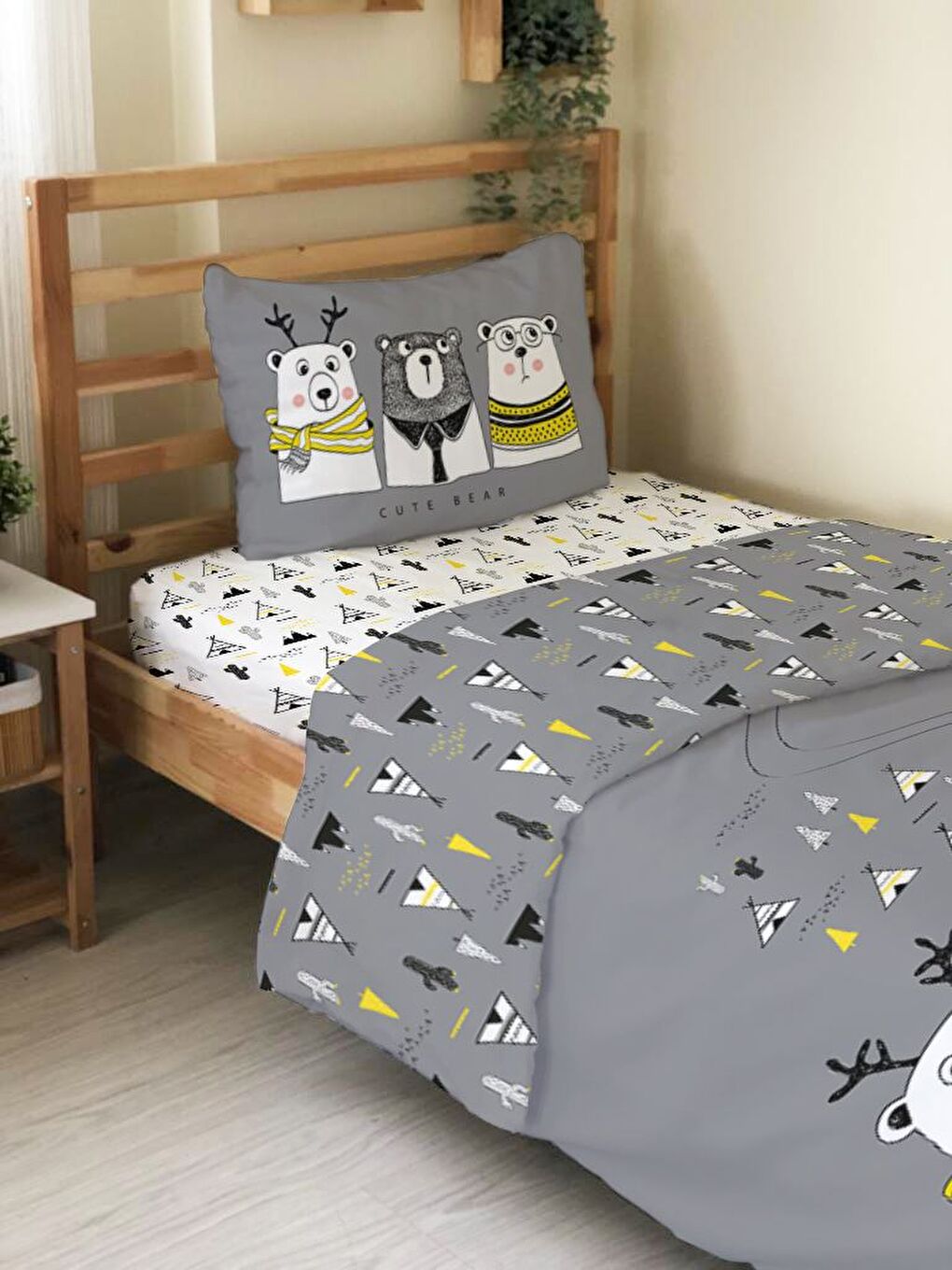 Gri Üç Ayı Yol Desenli Çarşafsız 2'li Takım Baskılı Tek Kişilik Nevresim Takımı 160x220 cm-3