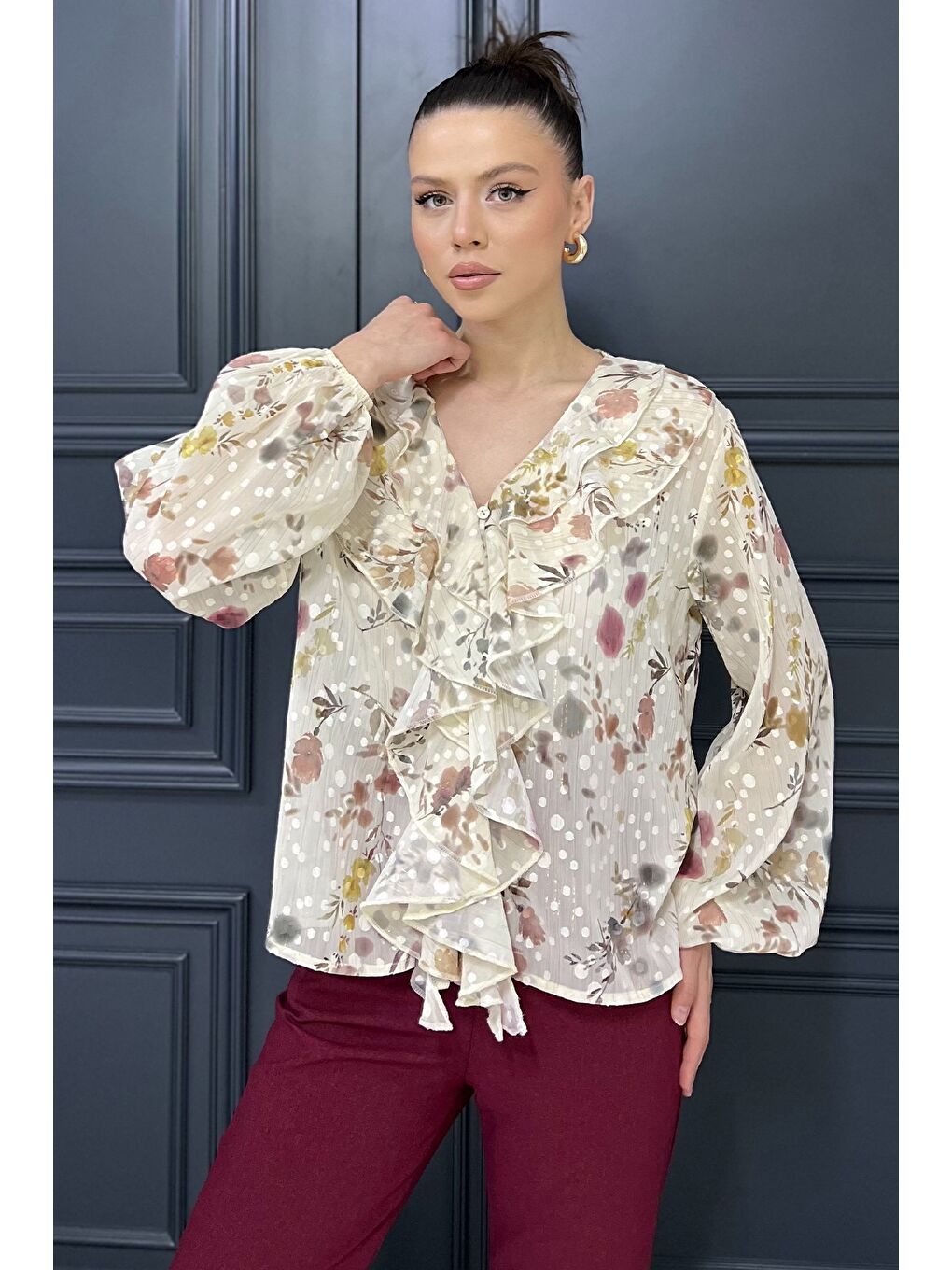 Bej Kadın İçlik Kombinli Şifon Bluz-1