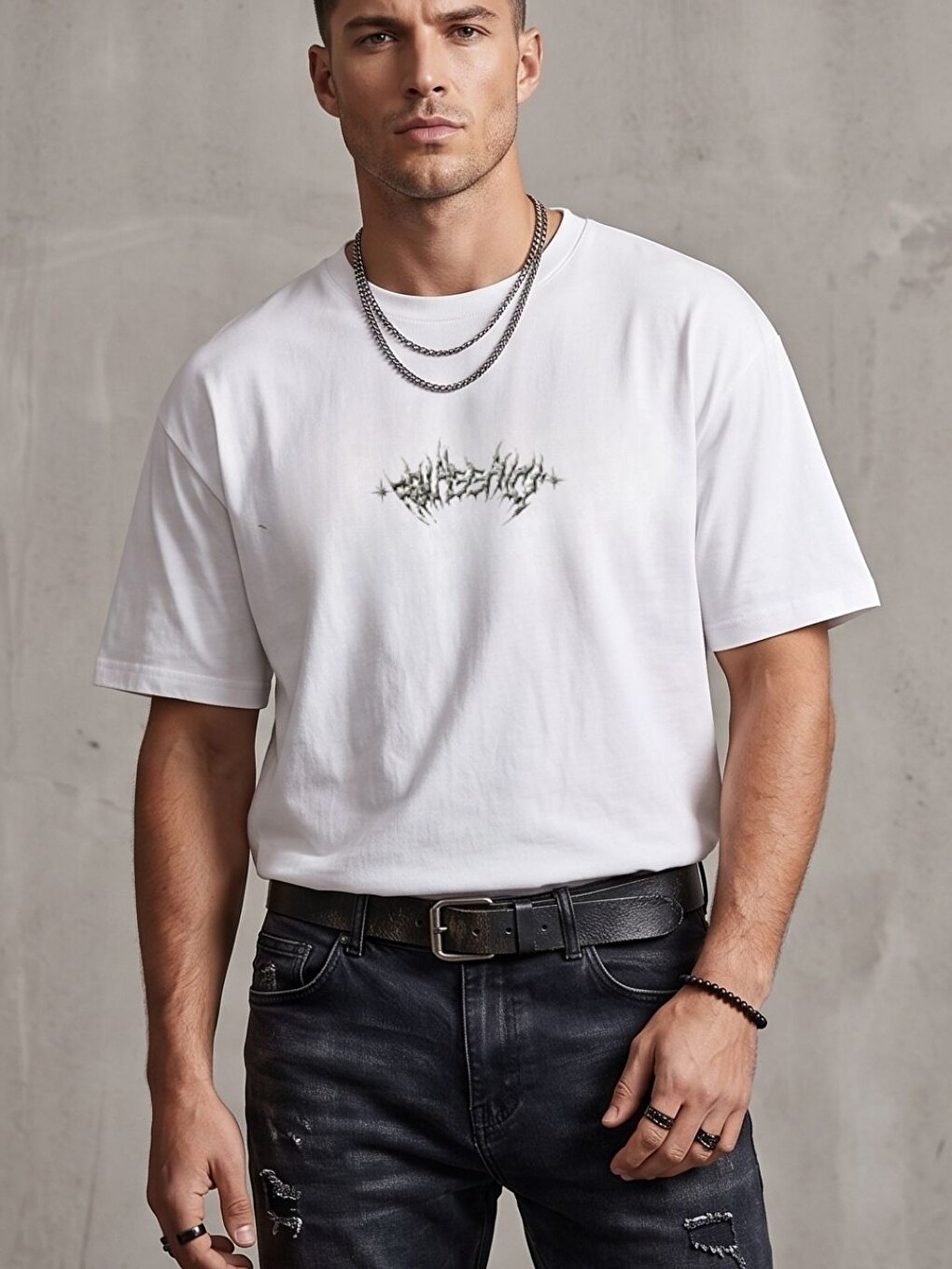 Erkek Beyaz Angel Starting Baskı Detay %100 Organik Pamuk Örme Oversize Tişört-1