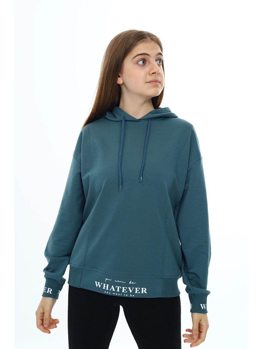 Myhanne Yeşil Whatever Baskılı Kapüşonlu Kız Çocuk Sweat 7131