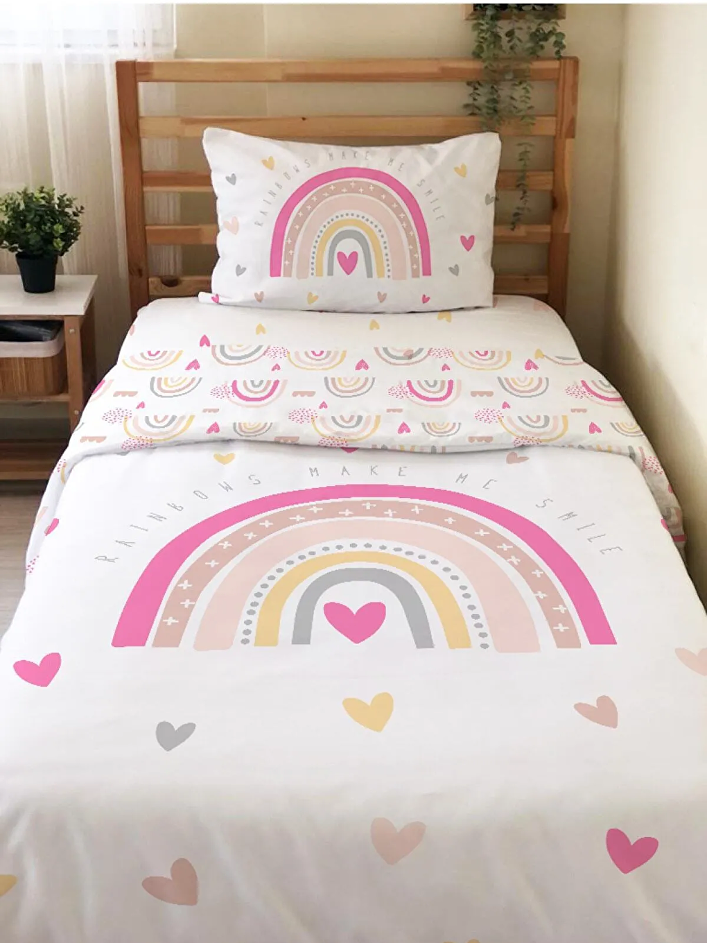 Beyaz Desenli Çarşafsız 2'li Takım Baskılı Tek Kişilik Nevresim Takımı 160x220 cm-1