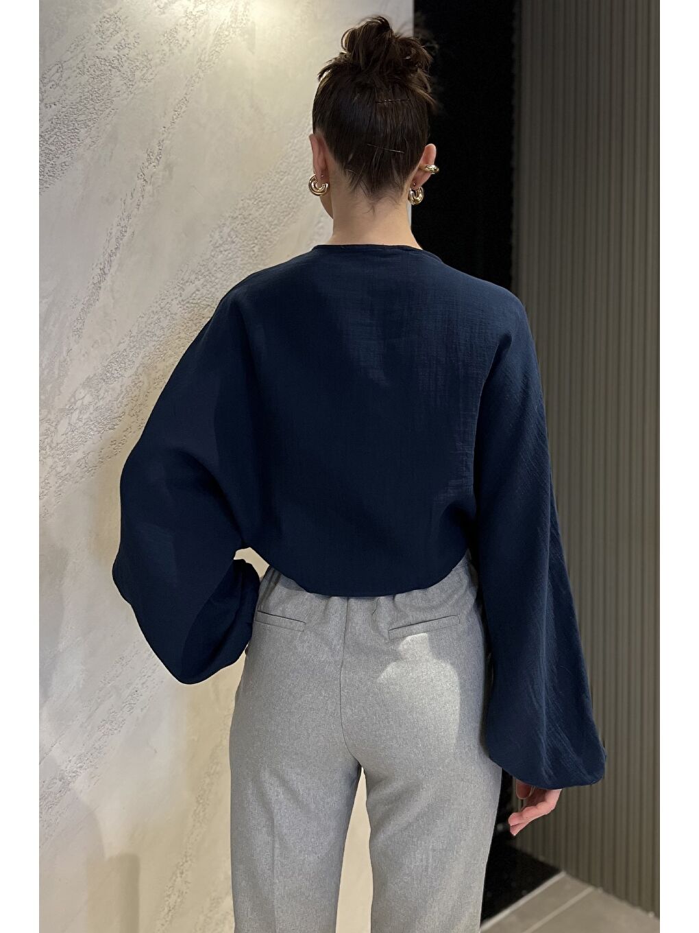 Lacivert Kadın Yarasa Kol Ön Bağlamalı Bluz-2