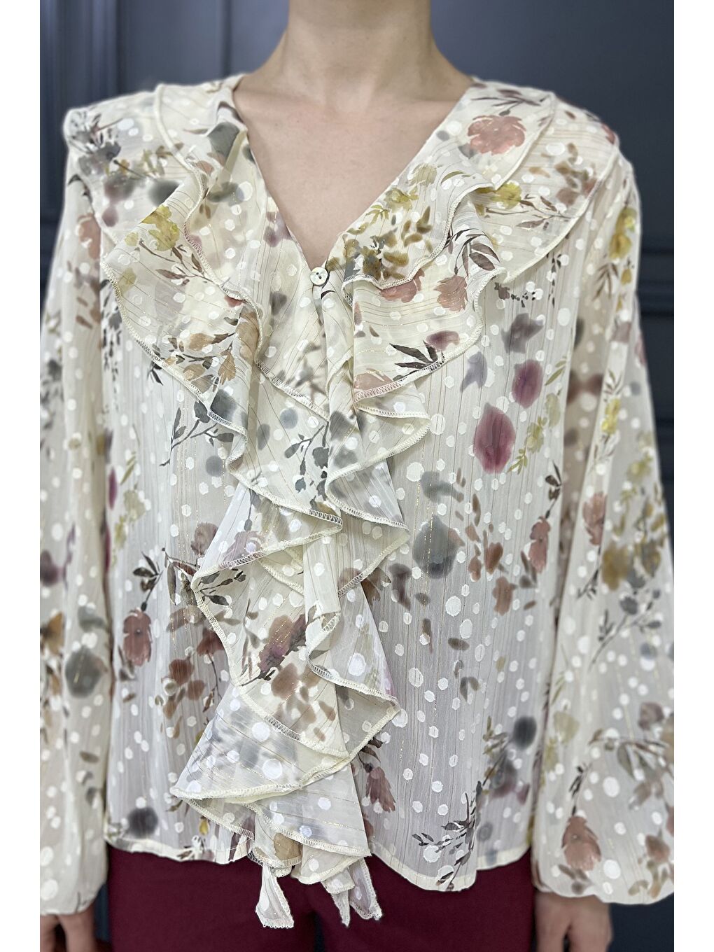 Bej Kadın İçlik Kombinli Şifon Bluz-3