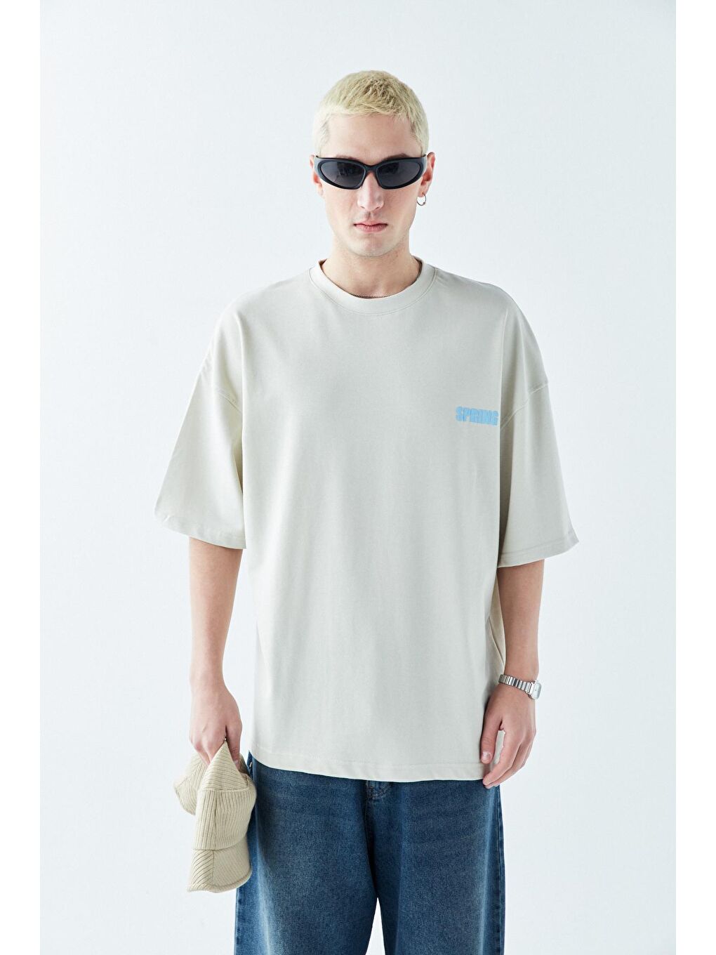 VAMOSCLO Ekru SPRING BASKILI OVERSIZE T-SHIRT -EKRU