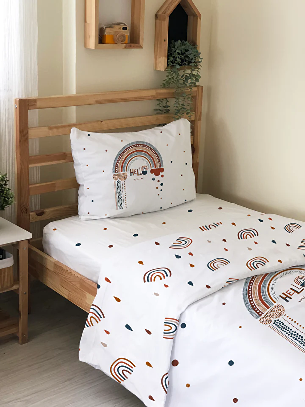 Beyaz Desenli Çarşafsız 2'li Takım Baskılı Tek Kişilik Nevresim Takımı 160x220 cm-2