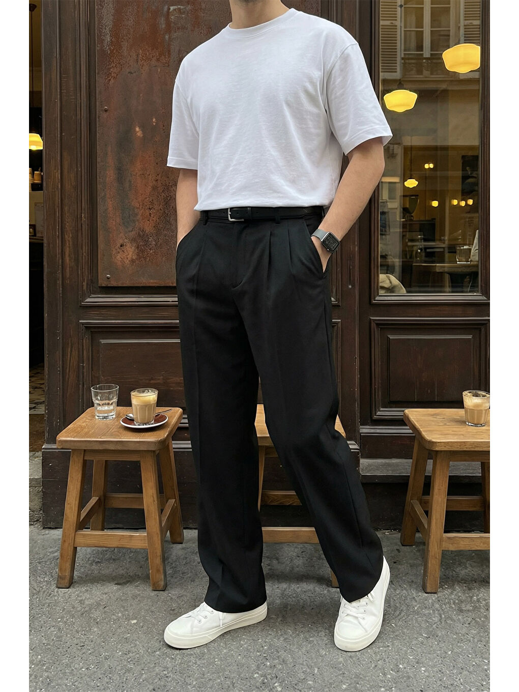 Siyah Erkek Kumaş Baggy Kalıp Pileli Pantolon