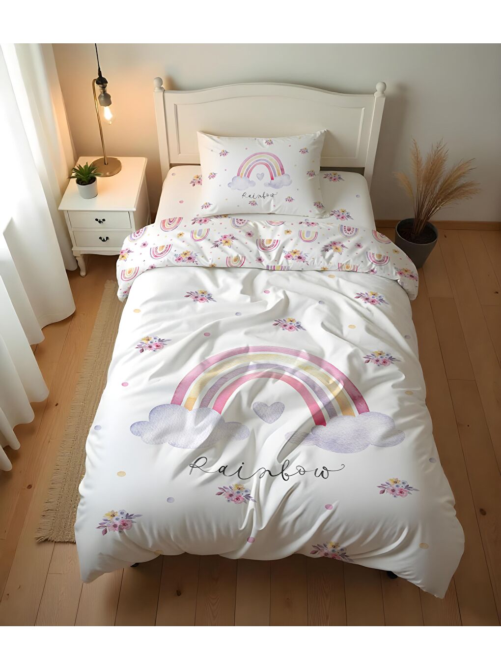 Beyaz Çiçekli Desenli Çarşafsız 2'li Takım Baskılı Tek Kişilik Nevresim Takımı 160x220 cm