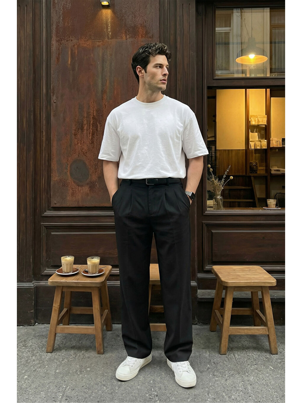 Siyah Erkek Kumaş Baggy Kalıp Pileli Pantolon-1