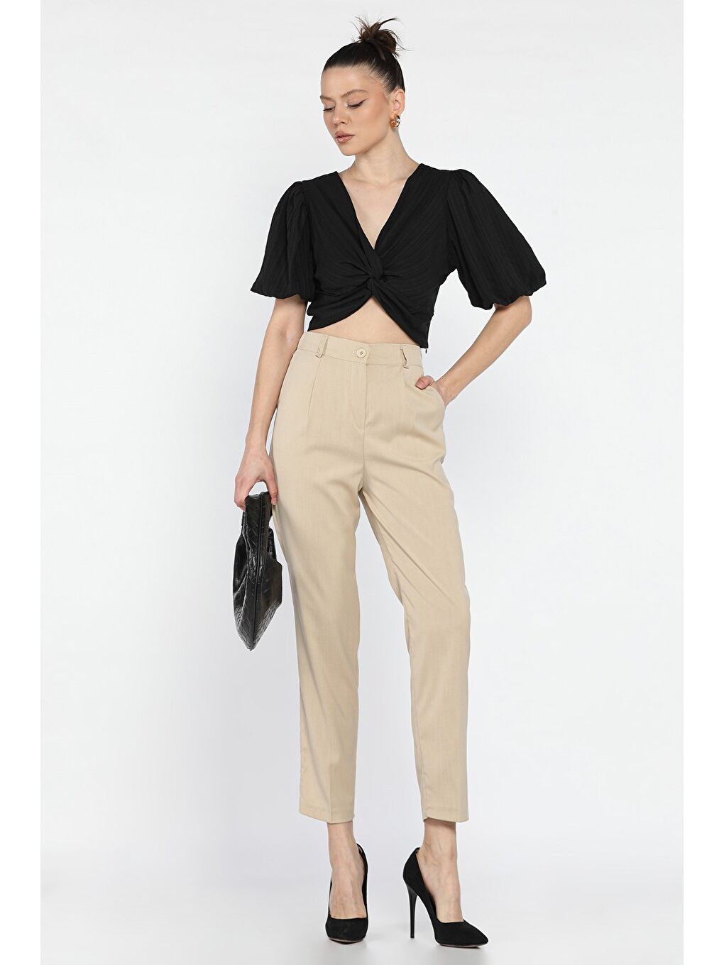 Bej Kadın Yüksek Bel Kumaş Pantolon-1