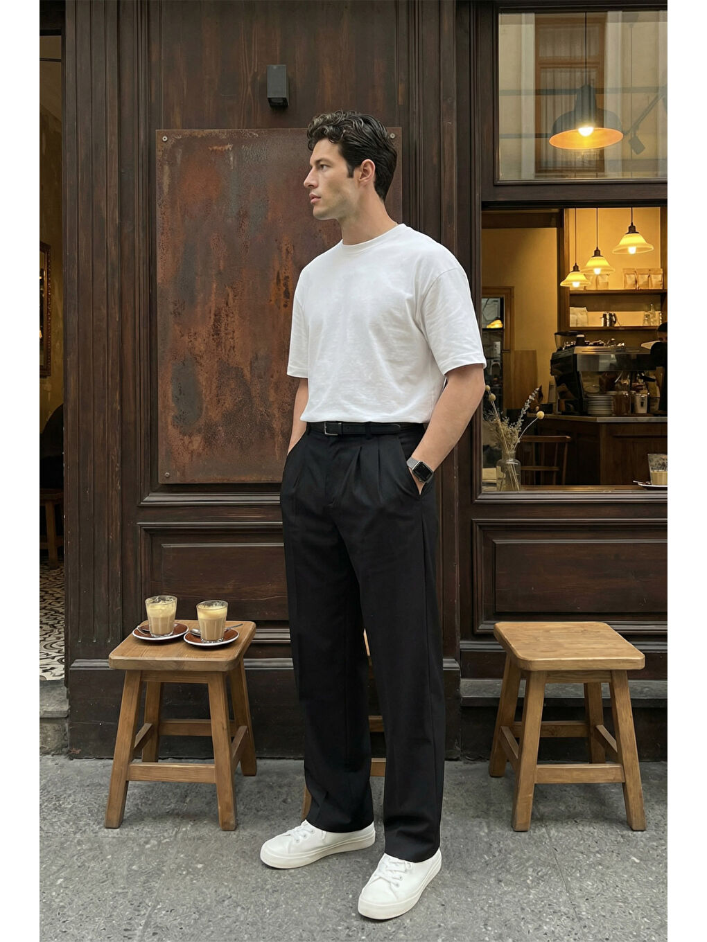 Siyah Erkek Kumaş Baggy Kalıp Pileli Pantolon-3