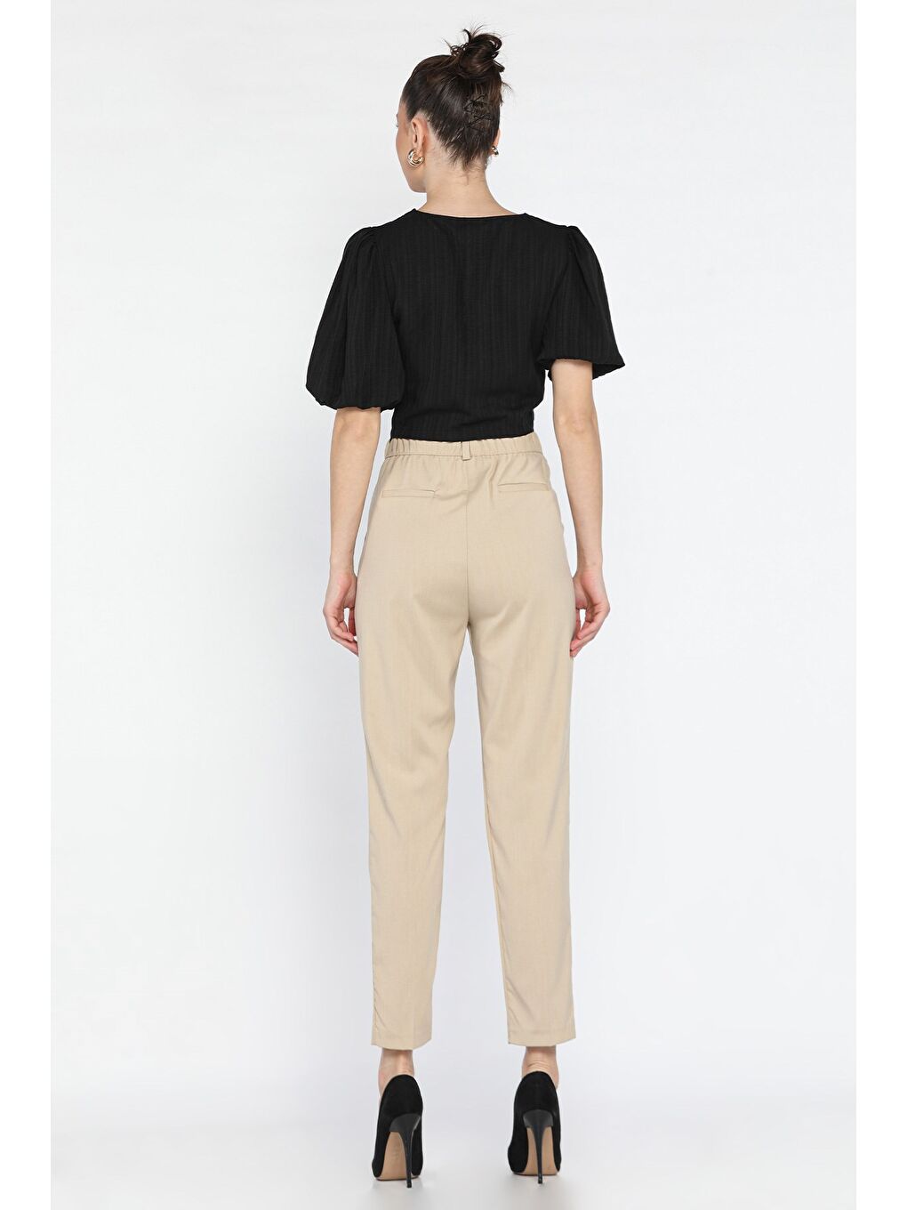 Bej Kadın Yüksek Bel Kumaş Pantolon-2