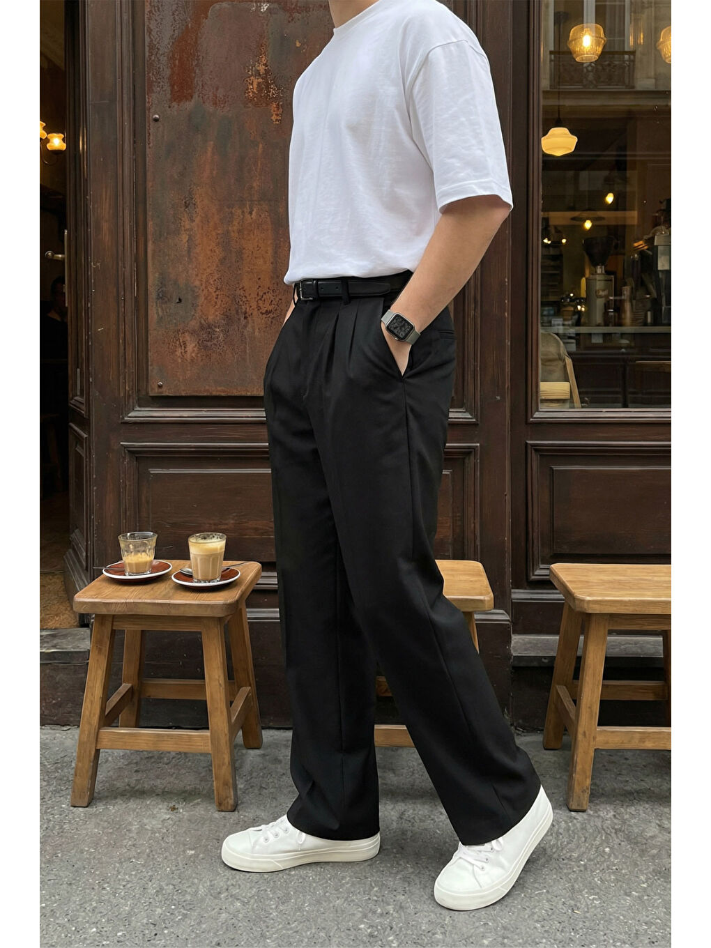 Siyah Erkek Kumaş Baggy Kalıp Pileli Pantolon-4