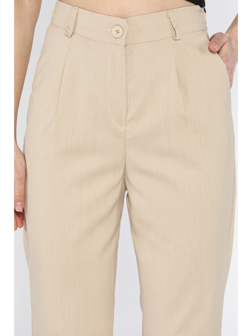 Bej Kadın Yüksek Bel Kumaş Pantolon-3