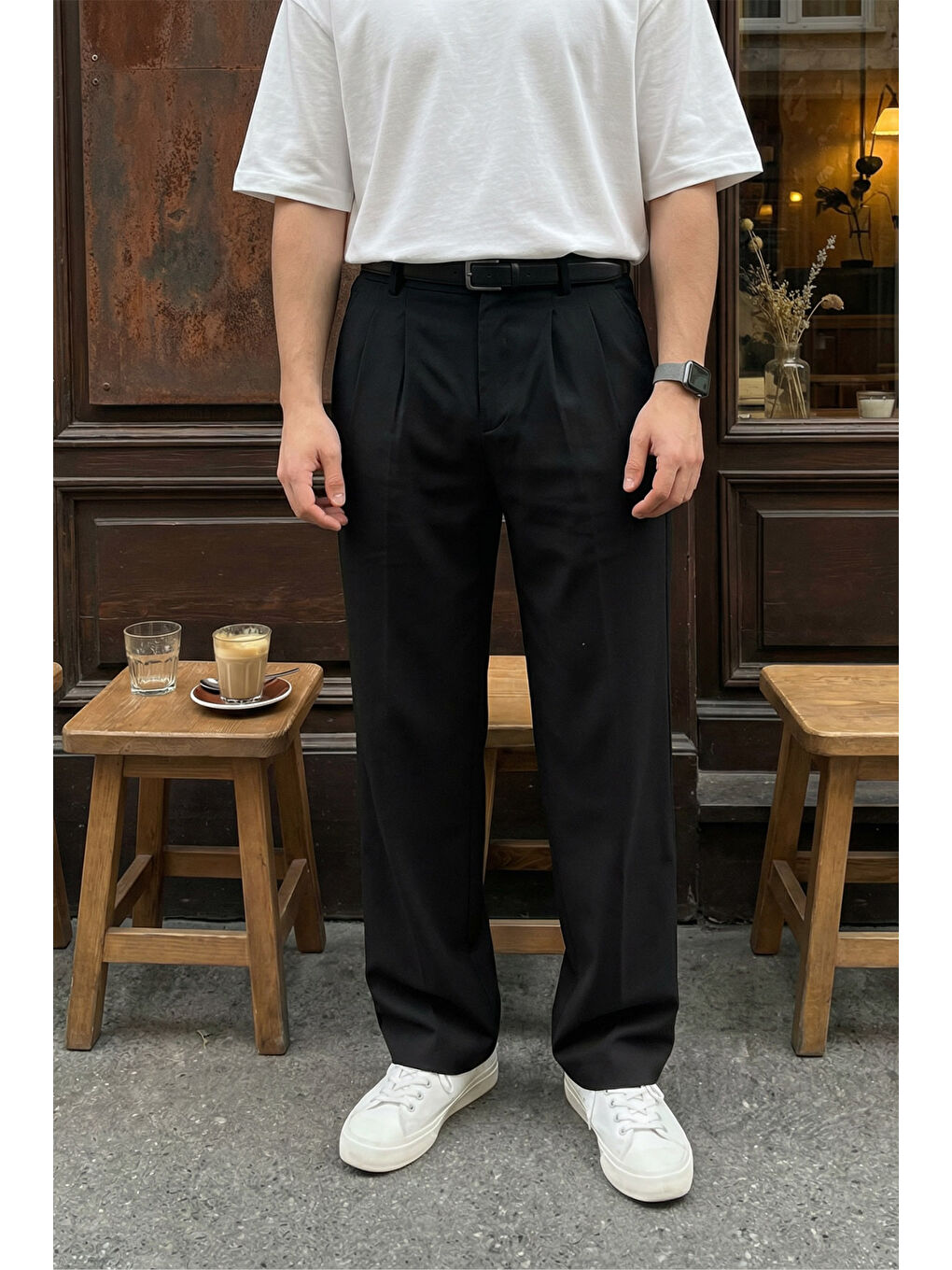 Siyah Erkek Kumaş Baggy Kalıp Pileli Pantolon-5