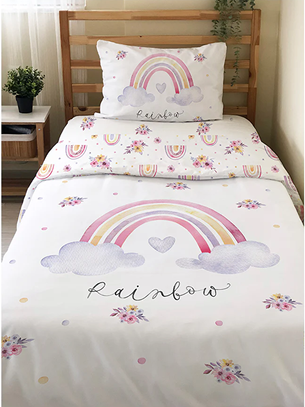 Beyaz Çiçekli Desenli Çarşafsız 2'li Takım Baskılı Tek Kişilik Nevresim Takımı 160x220 cm-1