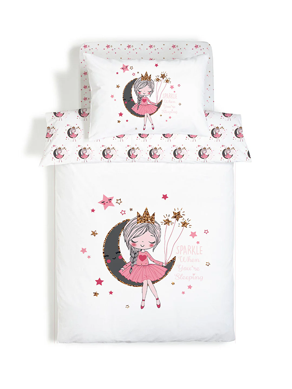 Beyaz Ayda Oturan Kız Desenli Çarşafsız 2'li Takım Baskılı Tek Kişilik Nevresim Takımı 160x220 cm-2