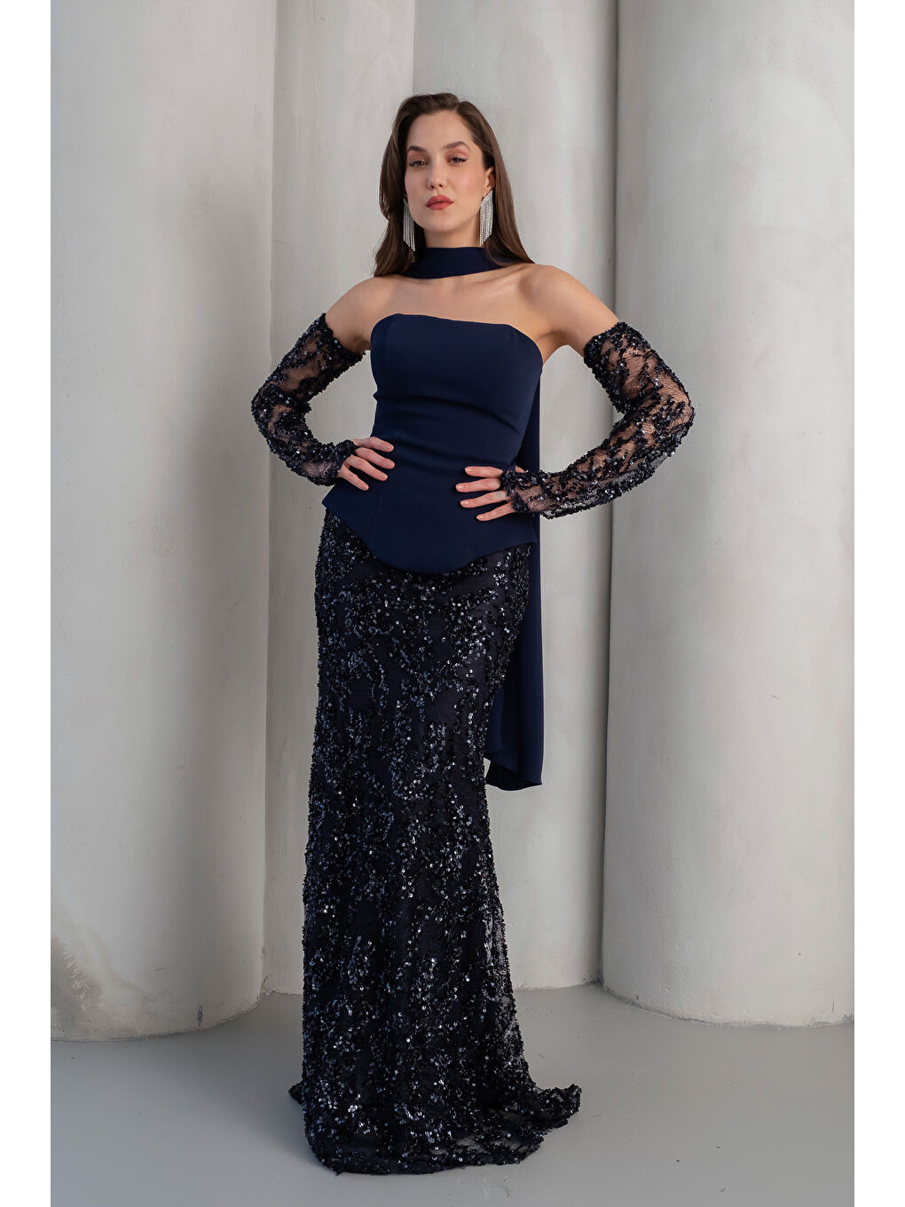 Kadın Lacivert Şal Yaka Payetli Uzun Abiye Elbise-1