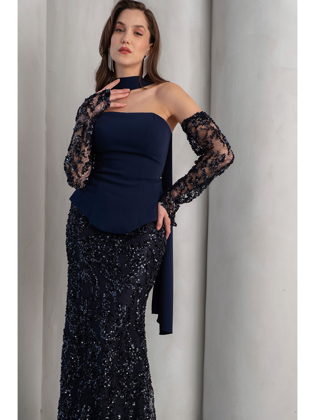 Kadın Lacivert Şal Yaka Payetli Uzun Abiye Elbise-2