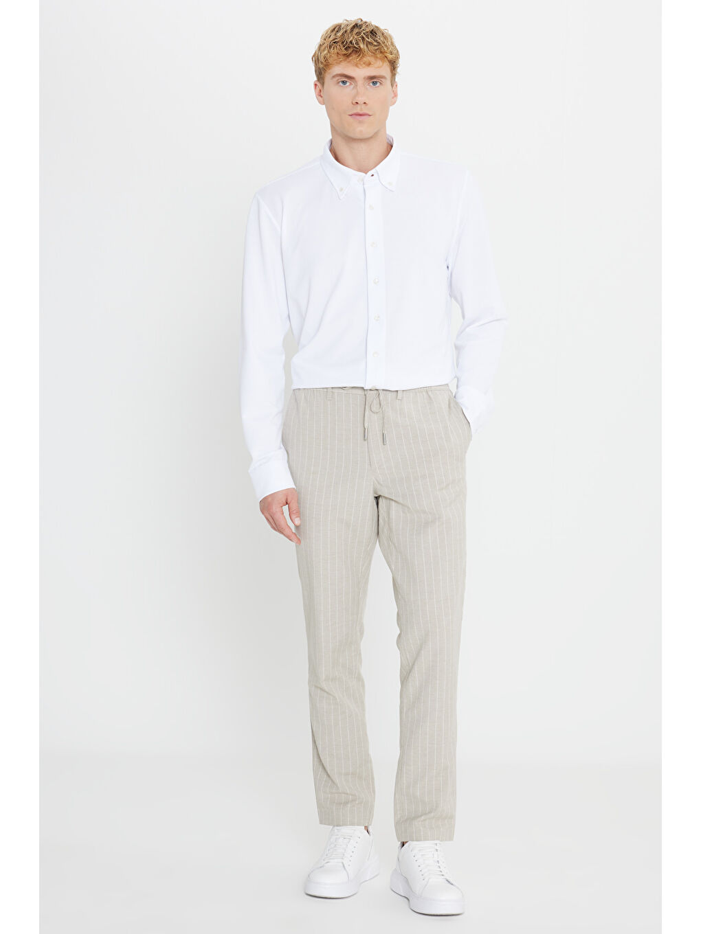 Bej Erkek Vizon Keten Dar Kesim Beli Bağlamalı Çizgili Casual Pantolon-1