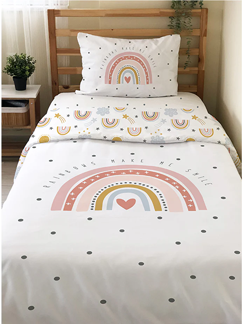 Beyaz Desenli Çarşafsız 2'li Takım Baskılı Tek Kişilik Nevresim Takımı 160x220 cm-1