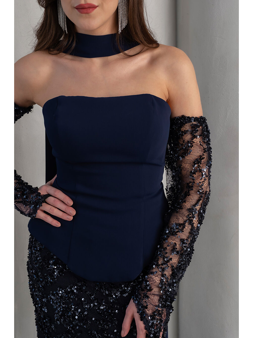 Kadın Lacivert Şal Yaka Payetli Uzun Abiye Elbise-3