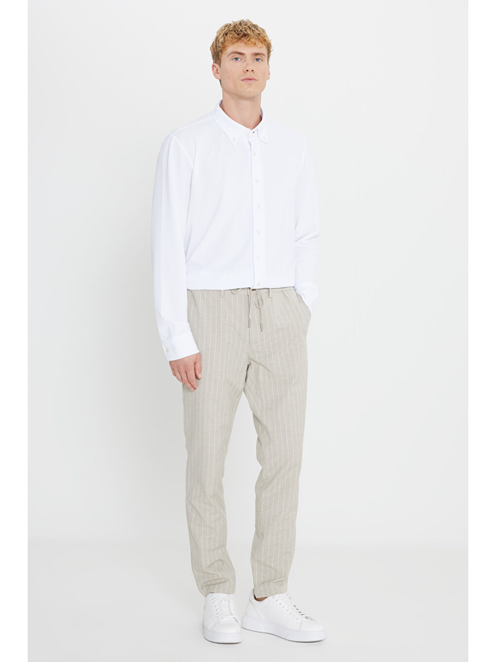 Bej Erkek Vizon Keten Dar Kesim Beli Bağlamalı Çizgili Casual Pantolon-2