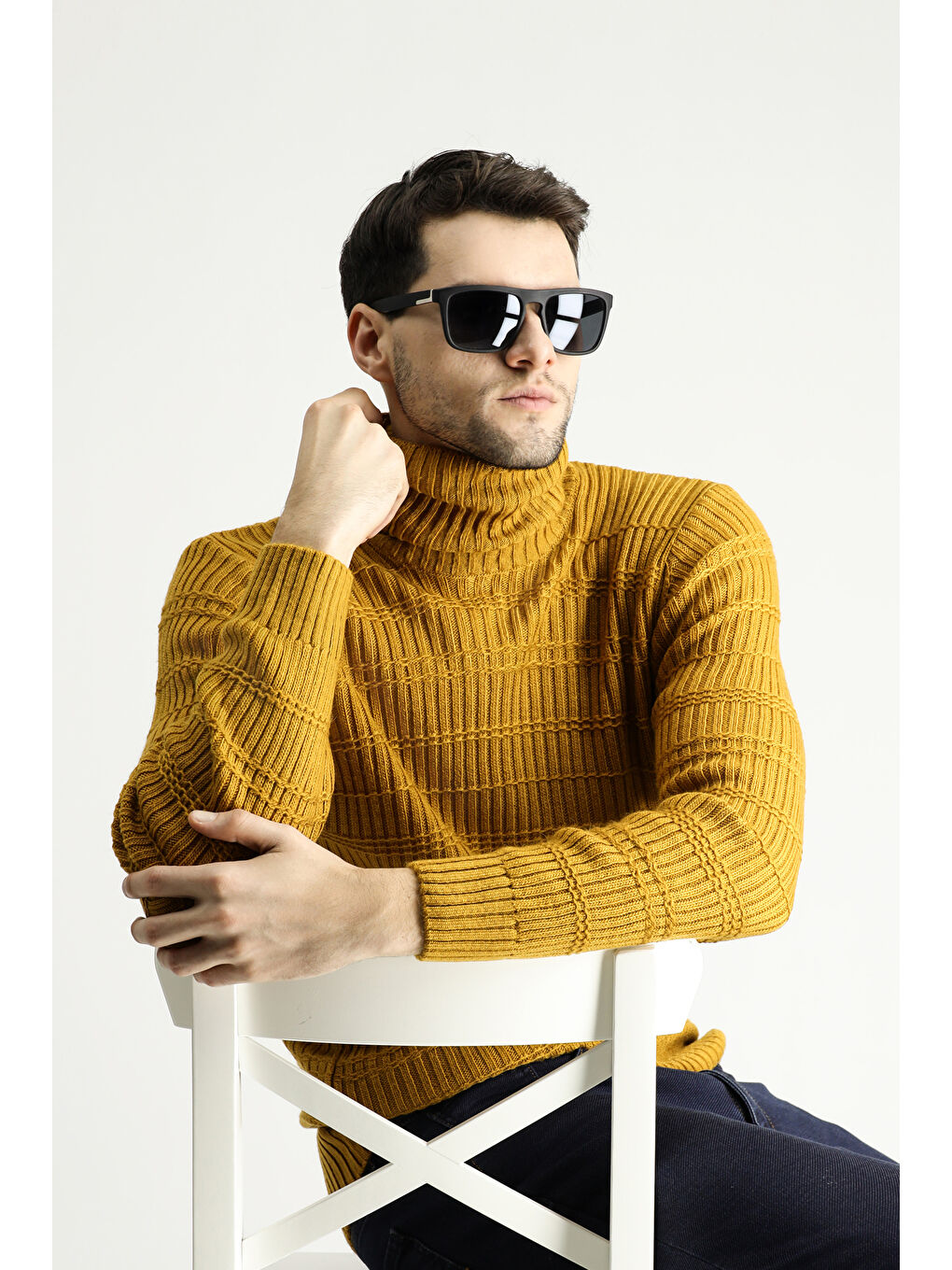 Sarı Balıkçı Yaka Slim Fit Dar Kesim Desenli Triko Kazak