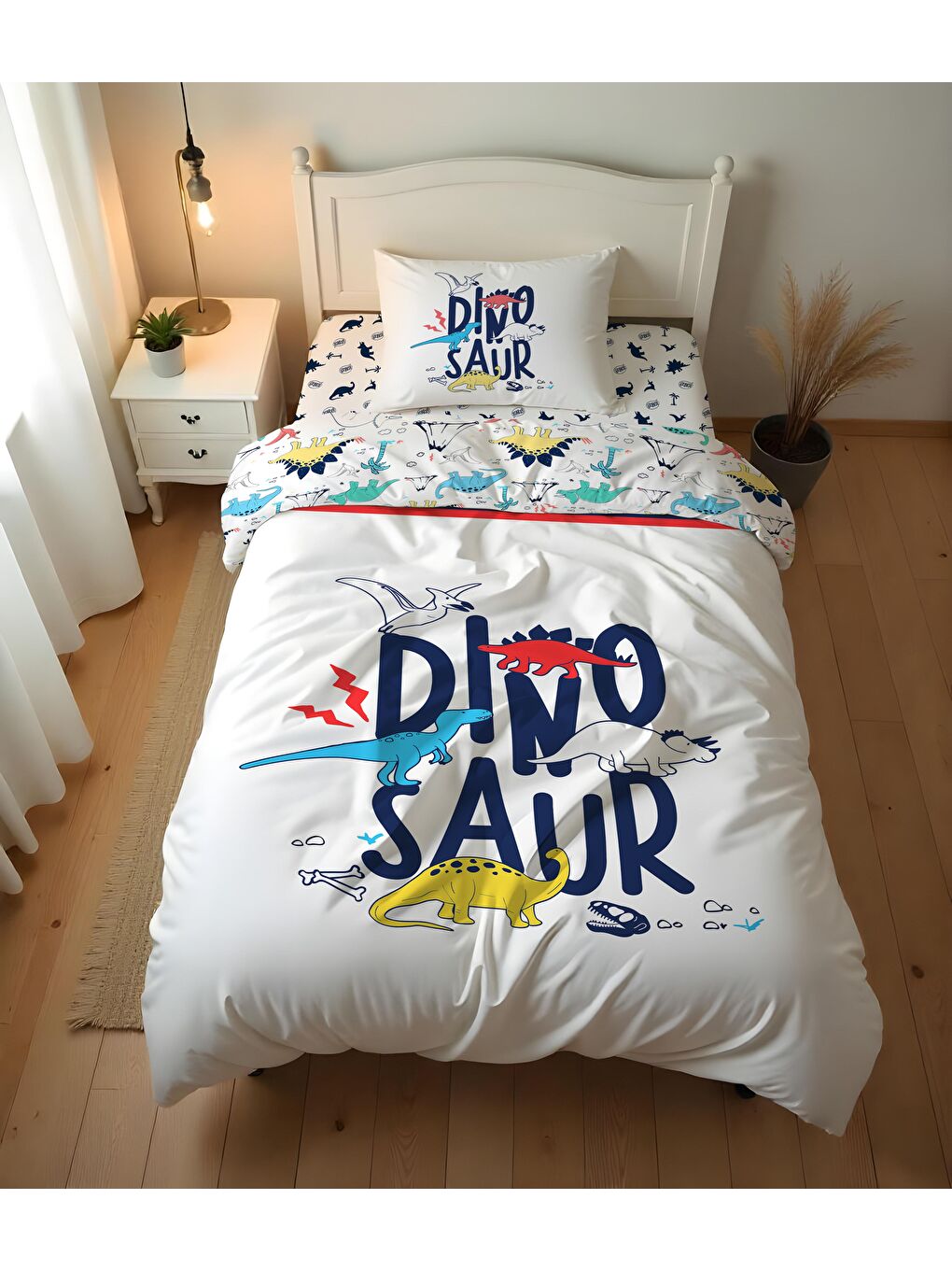 Beyaz Dinozor Desenli Çarşafsız 2'li Takım Baskılı Tek Kişilik Nevresim Takımı 160x220 cm