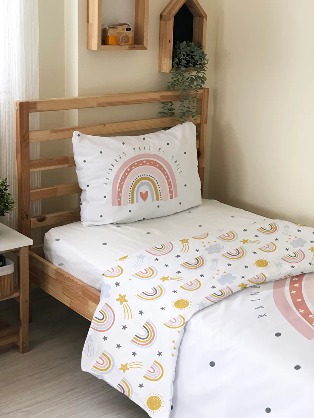 Beyaz Desenli Çarşafsız 2'li Takım Baskılı Tek Kişilik Nevresim Takımı 160x220 cm-3