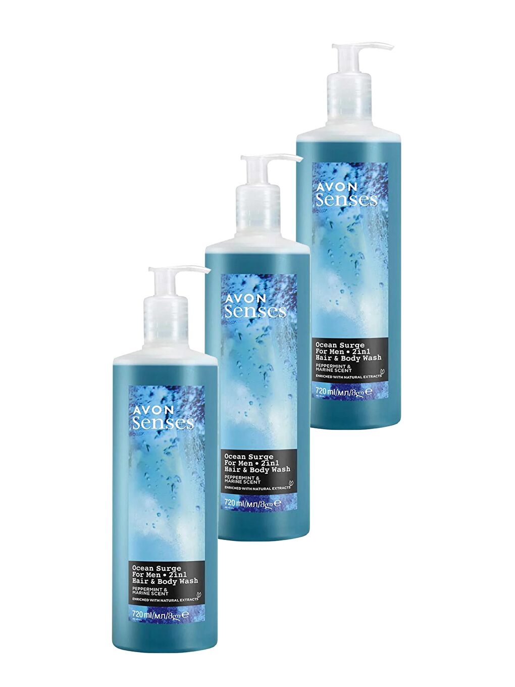 AVON Senses Ocean Surge Nane ve Deniz Kokulu Saç ve Vücut için Erkek Duş Jeli 720 Ml. Üçlü Set