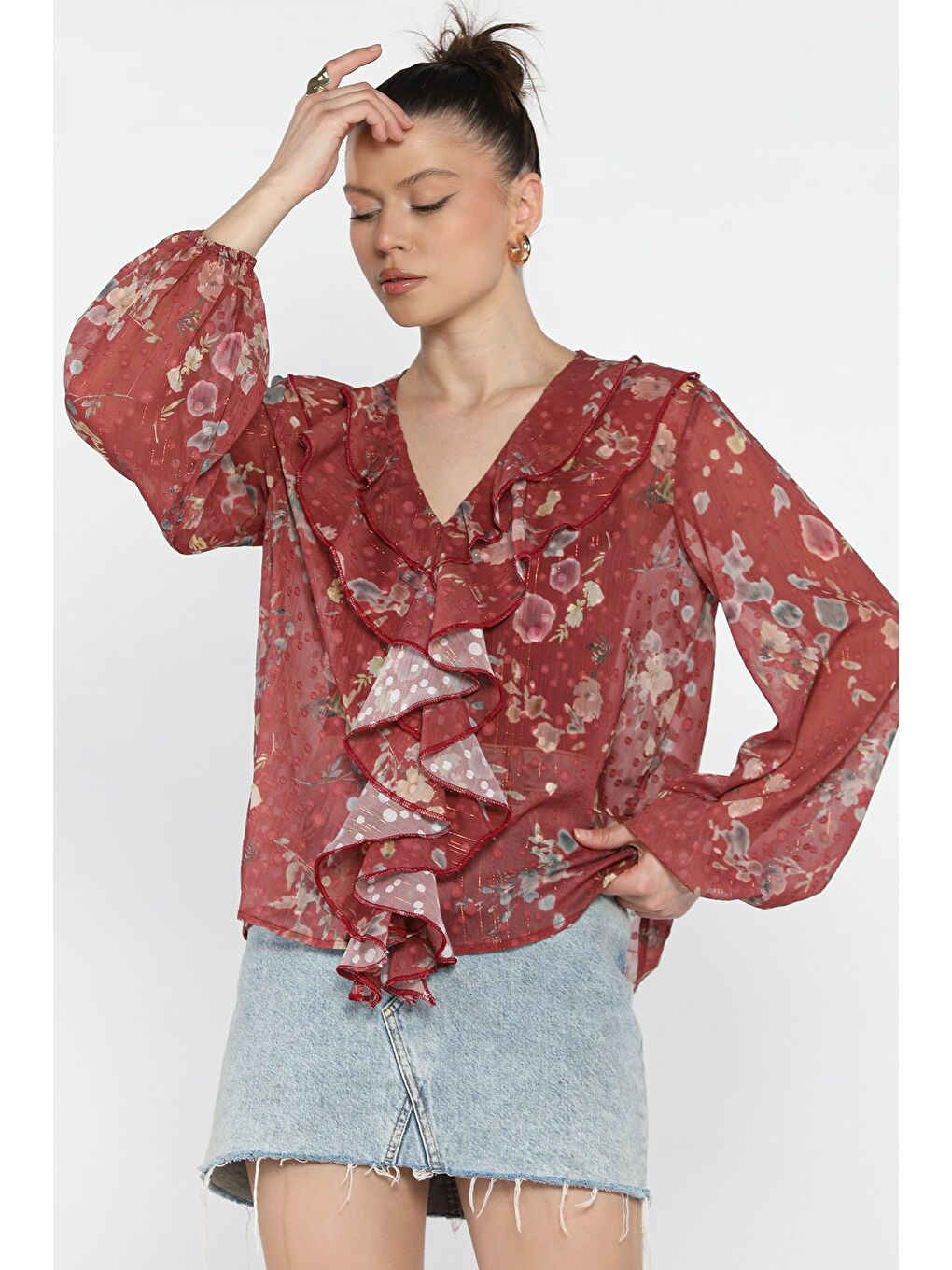 Bordo Kadın İçlik Kombinli Şifon Bluz-1