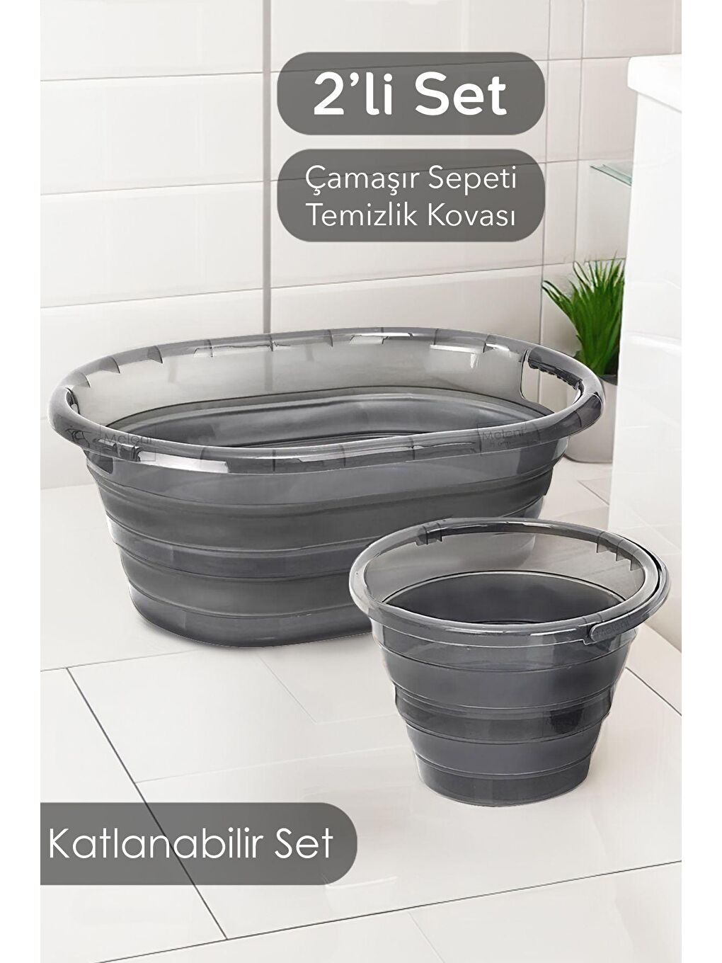 Antrasit 2'li Set Katlanabilir Çamaşır Sepeti Katlanabilir Akordiyon Su Kovası Temizlik Seti - Platin Serisi