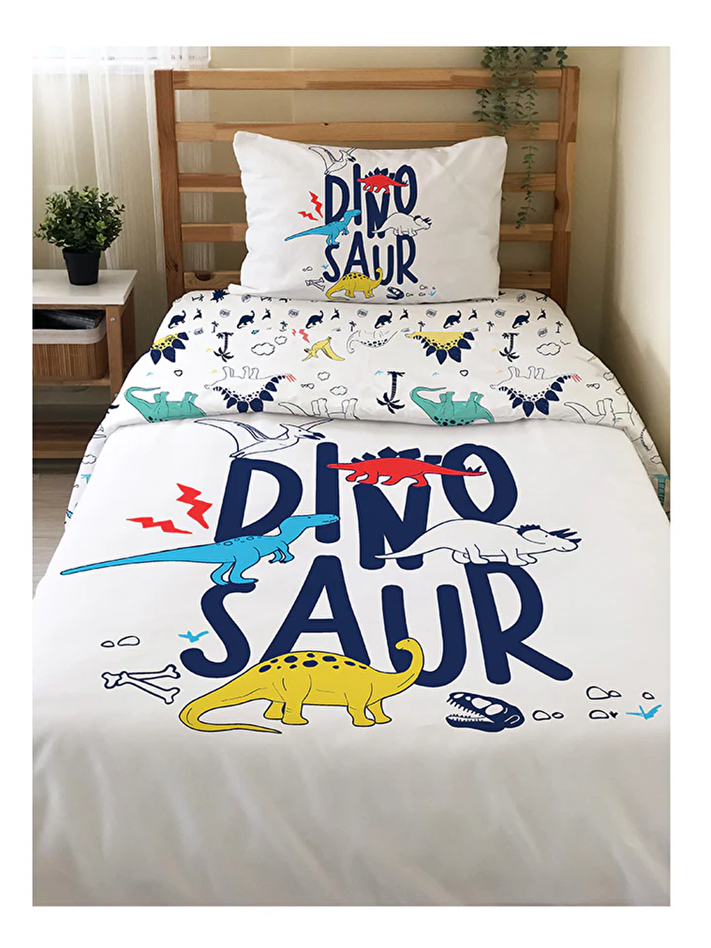 Beyaz Dinozor Desenli Çarşafsız 2'li Takım Baskılı Tek Kişilik Nevresim Takımı 160x220 cm-1