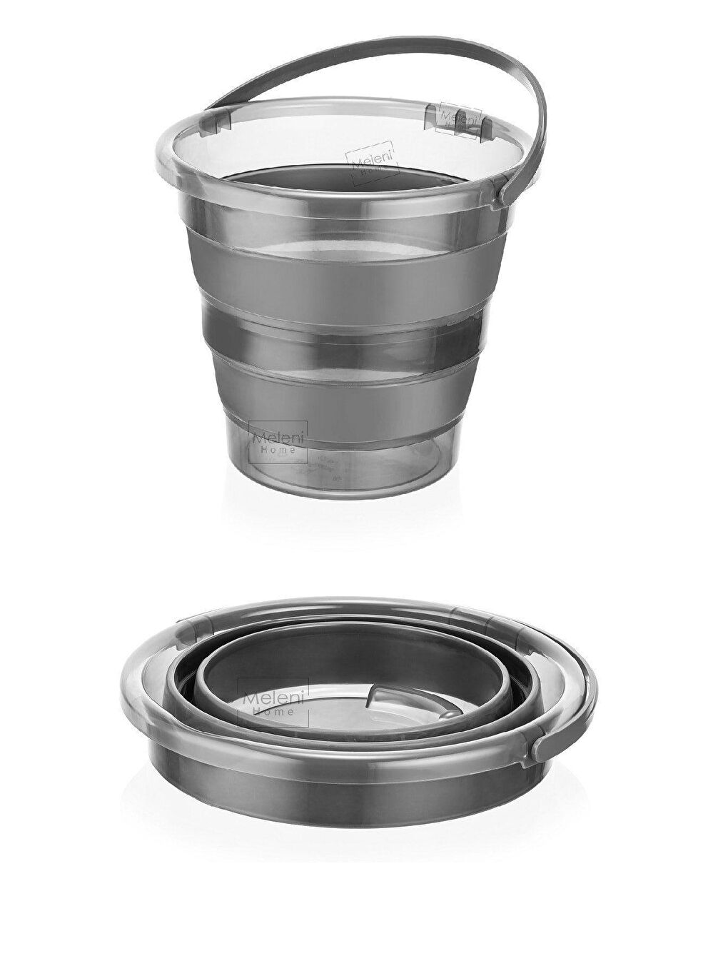 Antrasit 2'li Set Katlanabilir Çamaşır Sepeti Katlanabilir Akordiyon Su Kovası Temizlik Seti - Platin Serisi-2