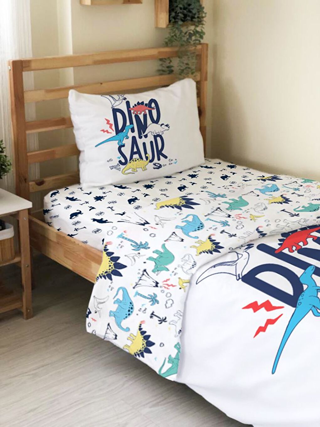 Beyaz Dinozor Desenli Çarşafsız 2'li Takım Baskılı Tek Kişilik Nevresim Takımı 160x220 cm-3