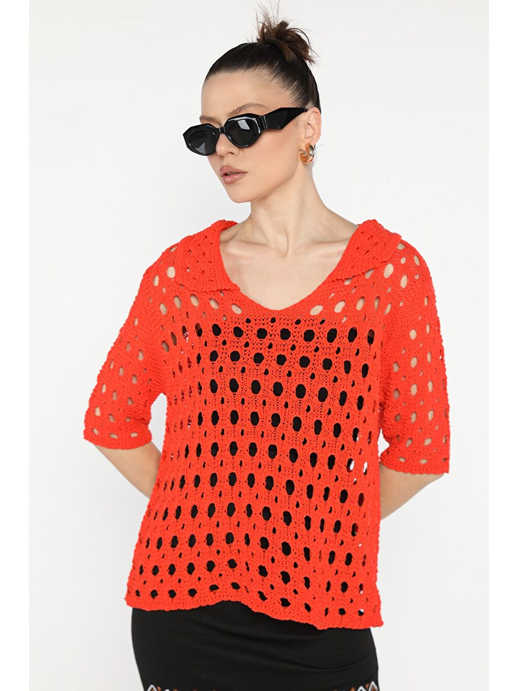 Turuncu Kadın Polo Yaka Ajurlu Mevsimlik Triko Bluz-1