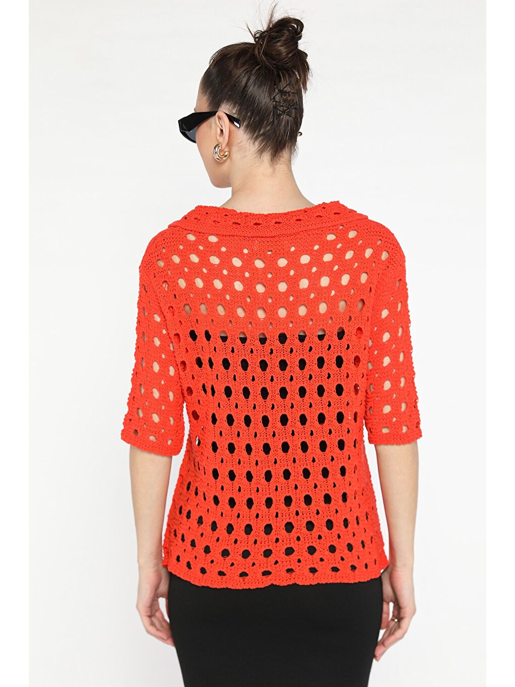 Turuncu Kadın Polo Yaka Ajurlu Mevsimlik Triko Bluz-2