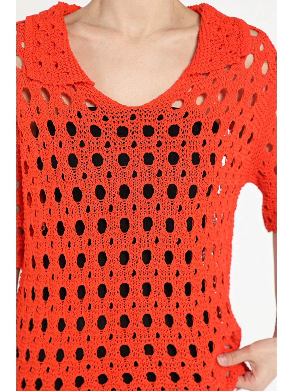 Turuncu Kadın Polo Yaka Ajurlu Mevsimlik Triko Bluz-3