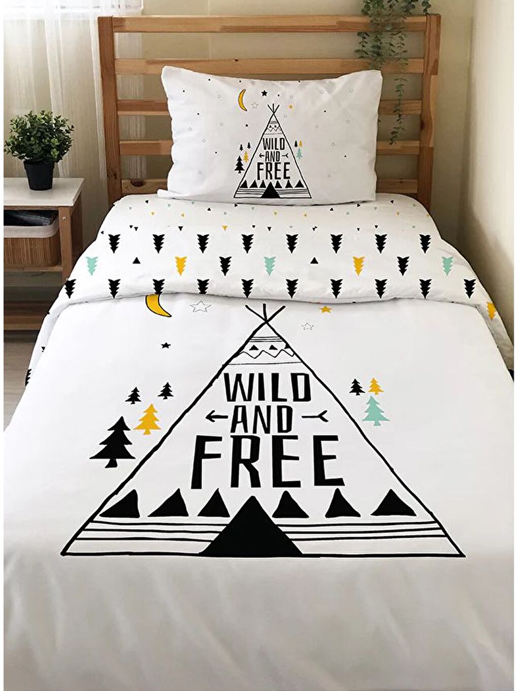 Beyaz İskandinav Desenli Çarşafsız 2'li Takım Baskılı Tek Kişilik Nevresim Takımı 160x220 cm-1