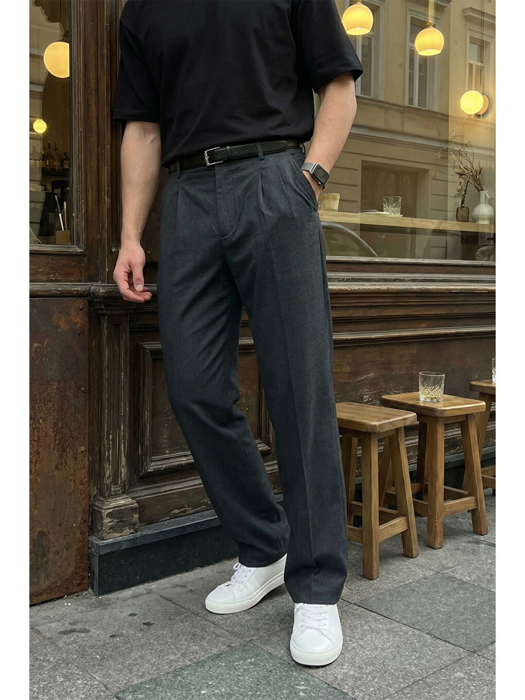 Antrasit Erkek Kumaş Baggy Kalıp Pileli Pantolon-3