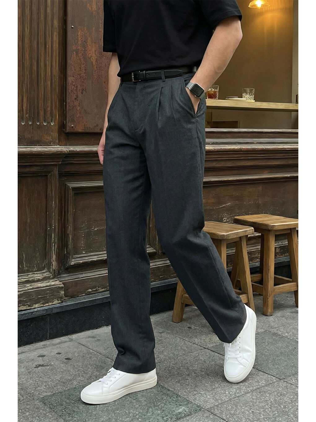 Antrasit Erkek Kumaş Baggy Kalıp Pileli Pantolon-4