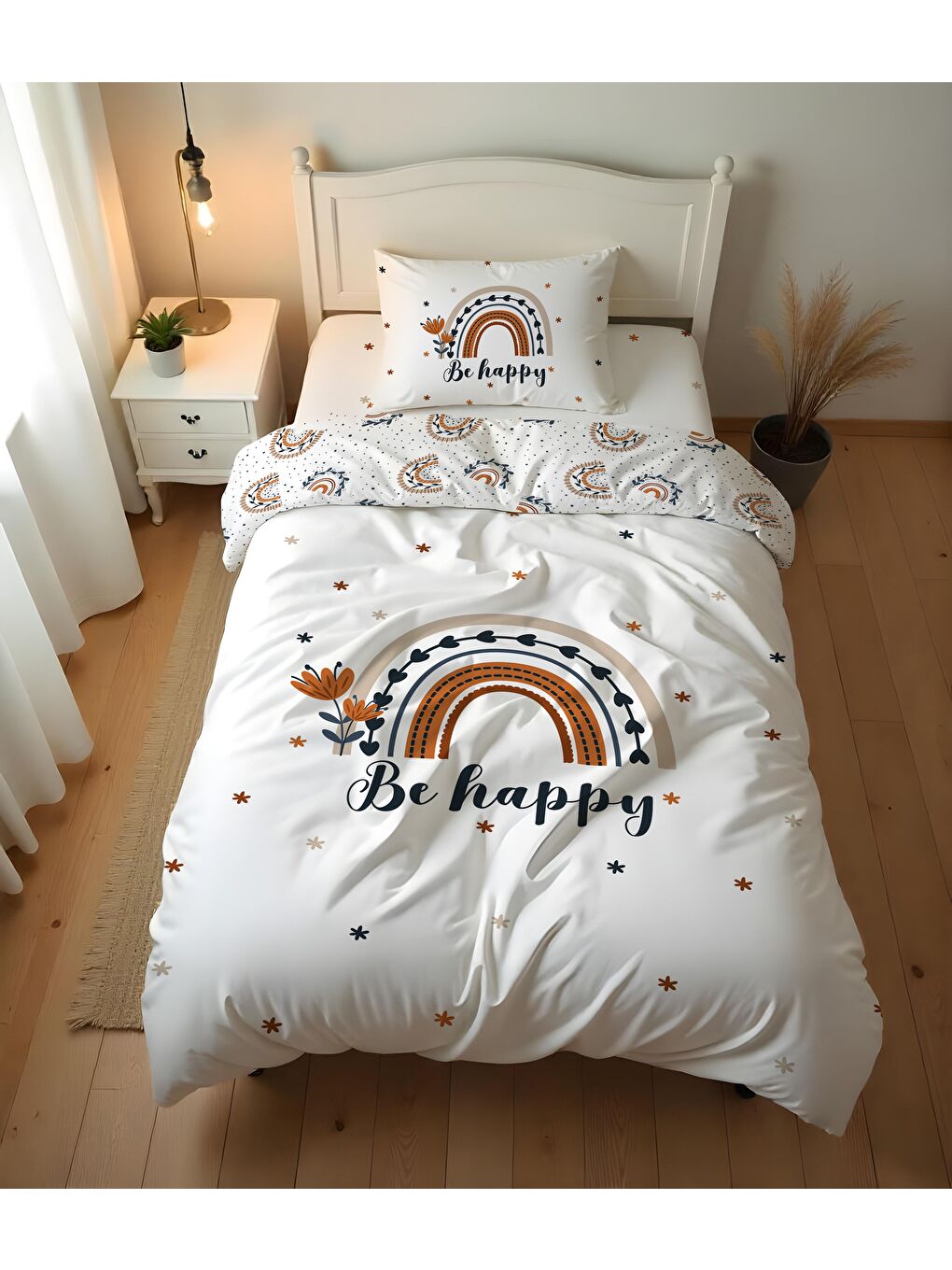 Beyaz Bee Happy Desenli Çarşafsız 2'li Takım Baskılı Tek Kişilik Nevresim Takımı 160x220 cm
