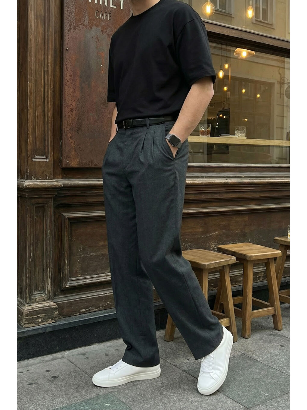 Antrasit Erkek Kumaş Baggy Kalıp Pileli Pantolon-5