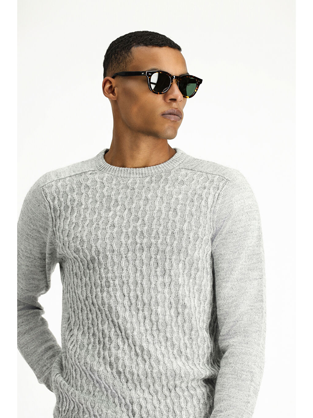 Gri Bisiklet Yaka Regular Fit Dikişsiz Desenli Triko Kazak-2