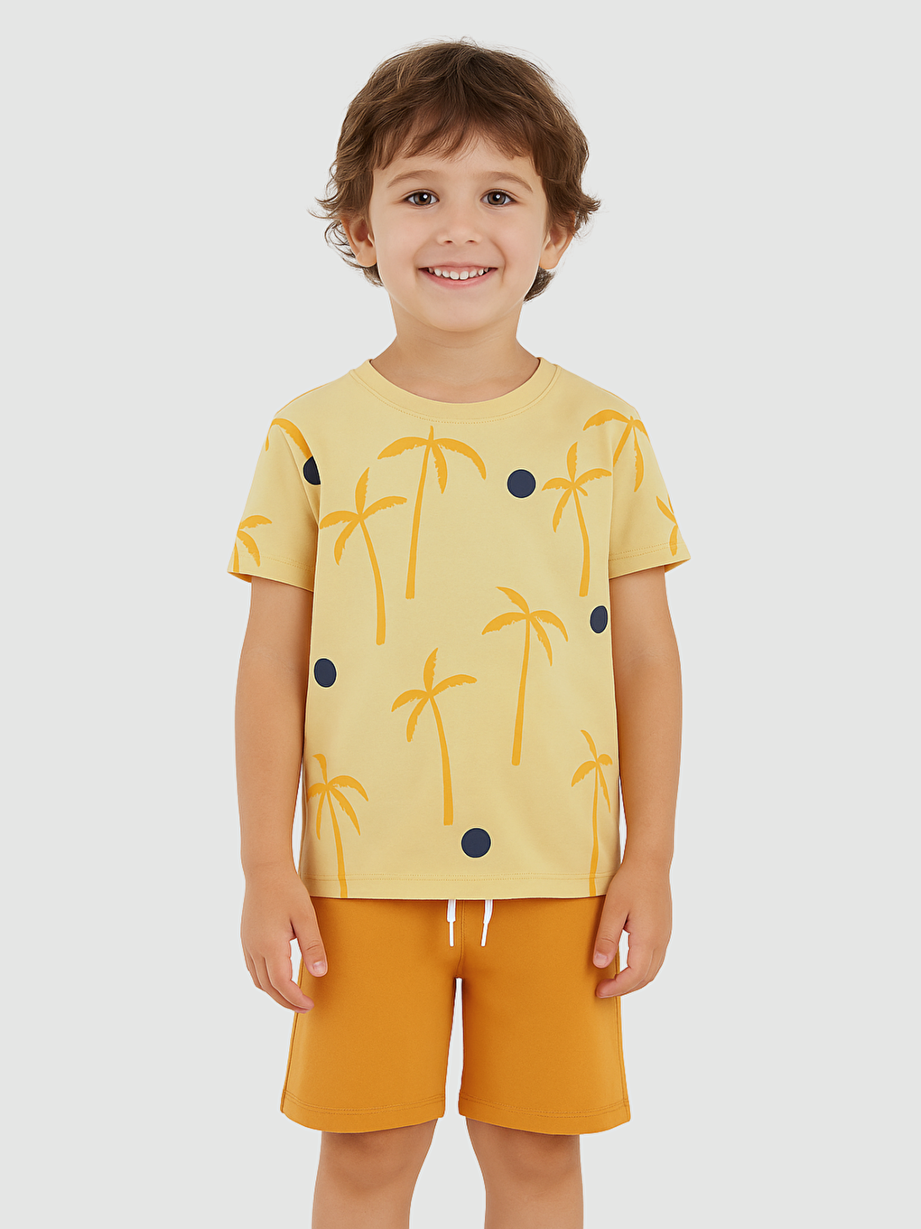 Bej Bisiklet Yaka Erkek Çocuk Tişört ve Şort 2'li Takım