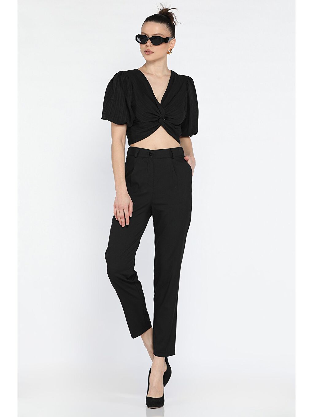 Siyah Kadın Yüksek Bel Kumaş Pantolon-1