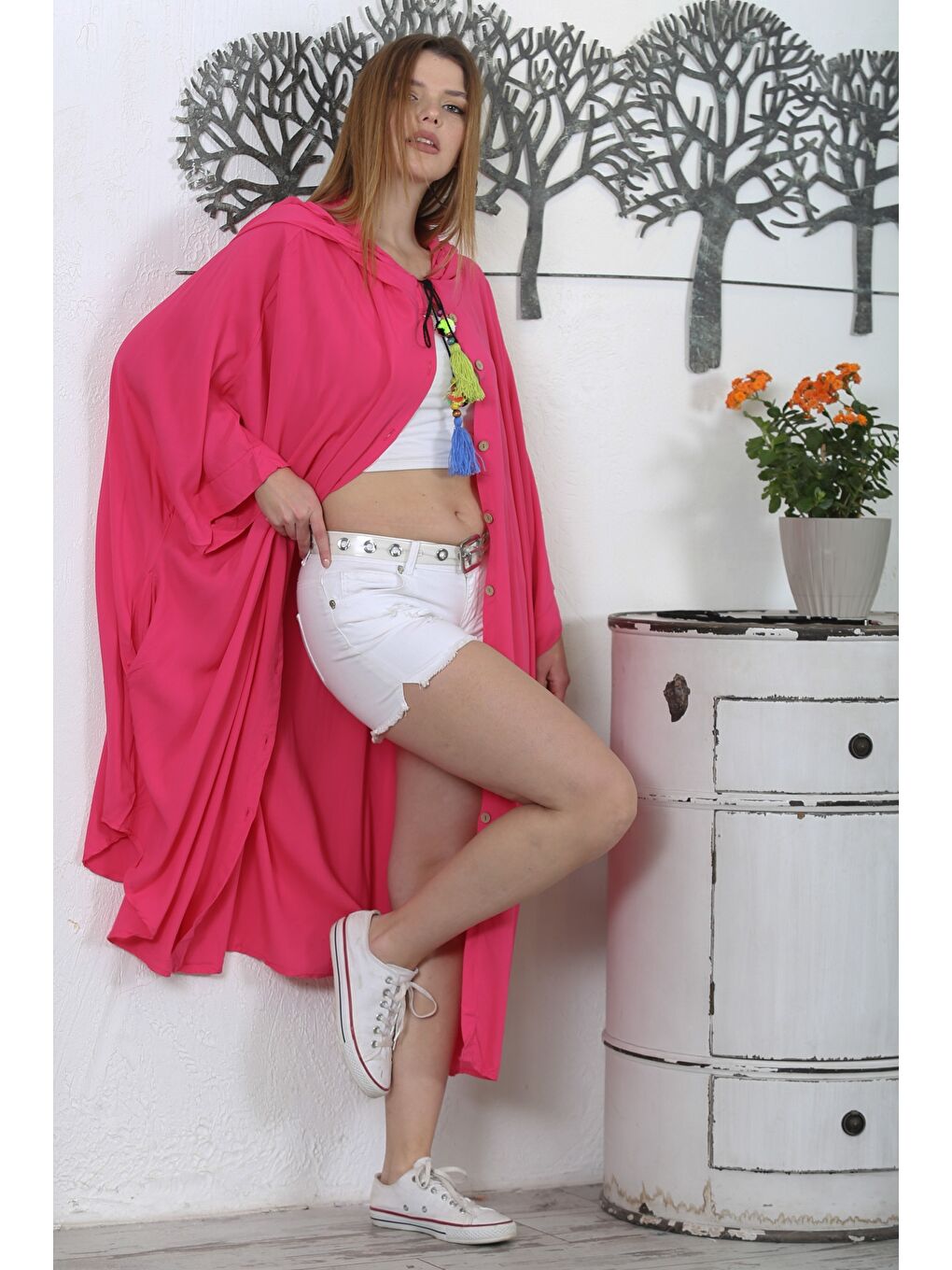 İtalyan Fuşya Kimono Yaka Yarasa Kol Düğmeli Kapüşonlu Püsküllü Dokuma Casual Kimono Ceket-4