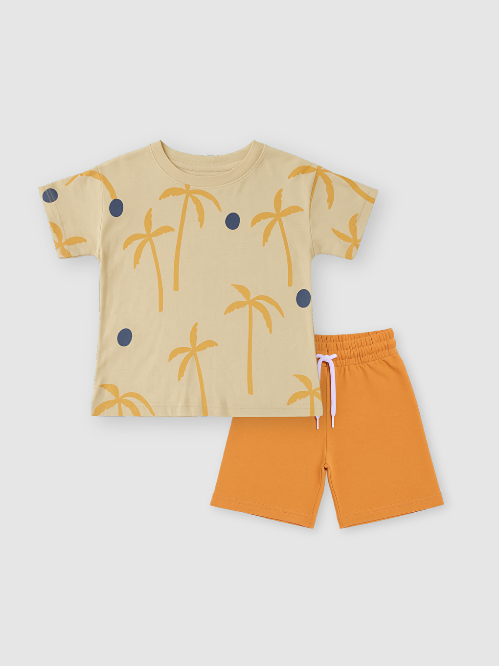 Bej Bisiklet Yaka Erkek Çocuk Tişört ve Şort 2'li Takım-1