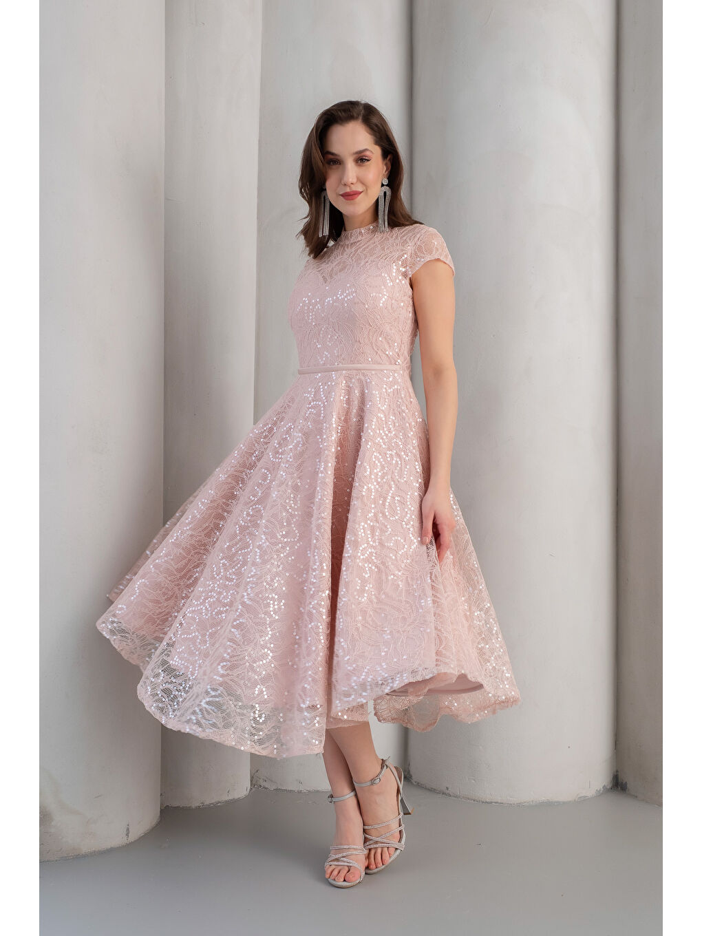 Pembe Kadın Pudra Kısa Kollu Payetli Midi Kloş Söz Nişan Nikah Abiye Elbise-1